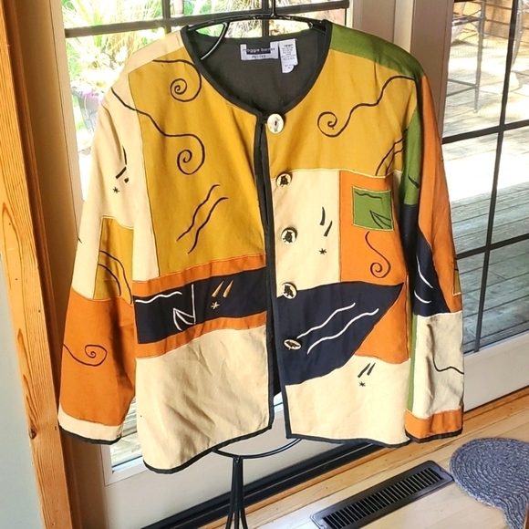 Maggie Barnes Funky Fall Colored Embroidered Sz. 3XLP Wood Bird Button Jacket - Picture 1 of 9